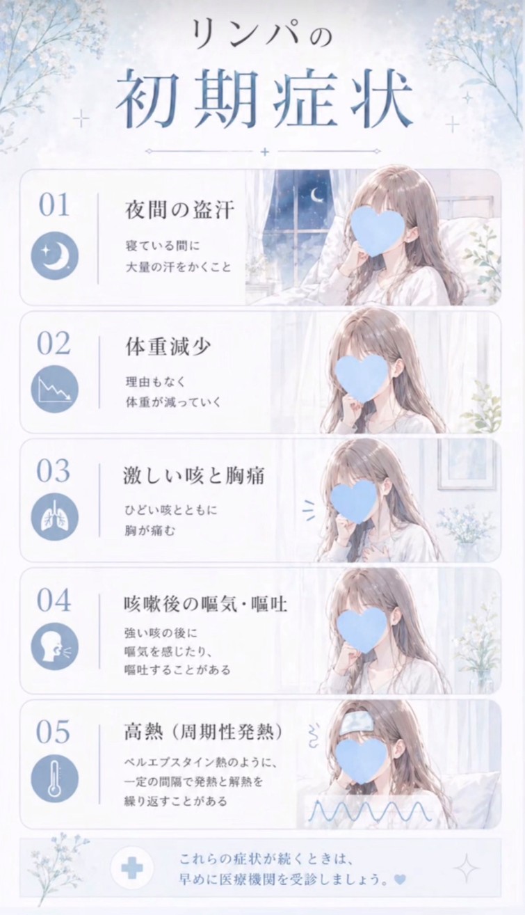 配信で使用していた、りんぱちゃん自身のホジキンリンパ腫の初期症状をまとめた画像。